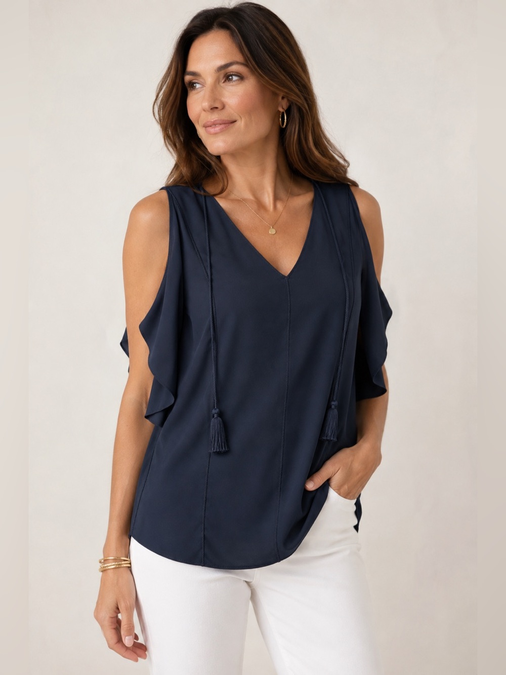 Elie Tahari Navy Cold-Shoulder V-Neck Tassel Camisole